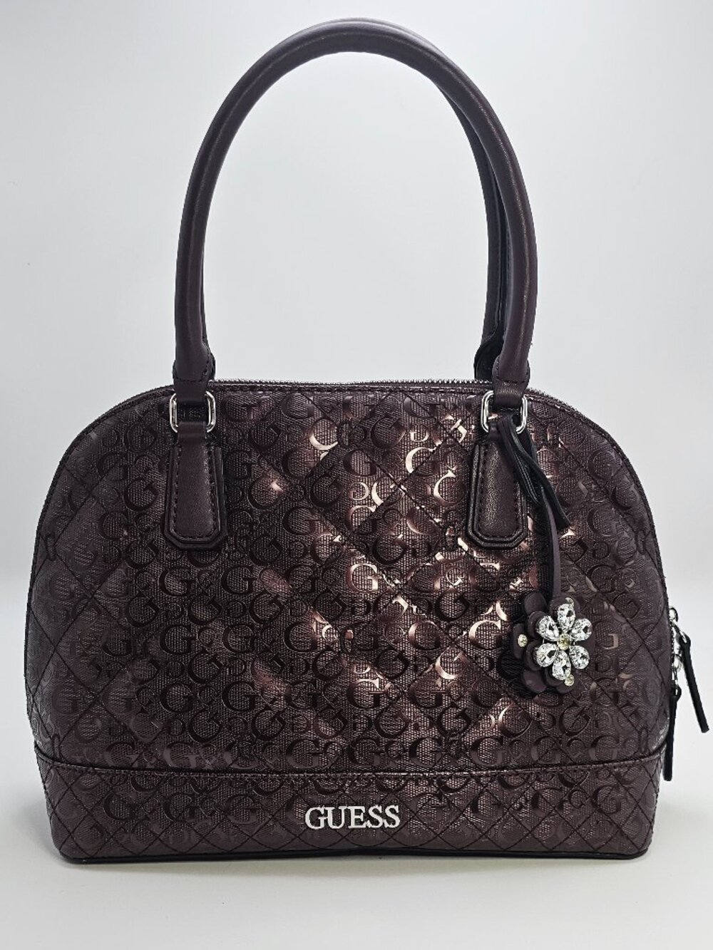 Guess Qulilted Logo Satchel Bag with Floral Rhinestone Charm